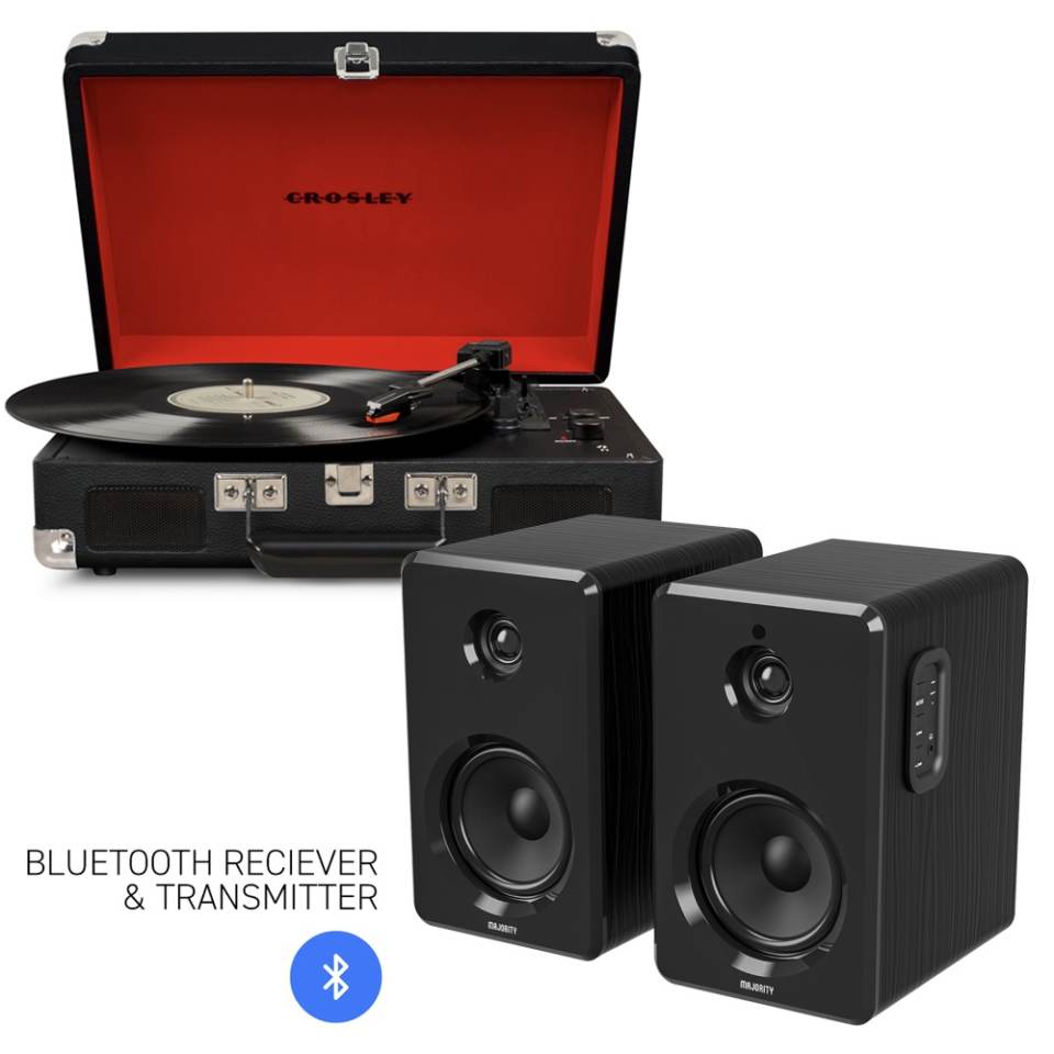 Crosley Cruiser Bluetooth Portable Turntable - Black + Bundled Majority D40 Bluetooth Speakers - Black CR8005FMY-BK4