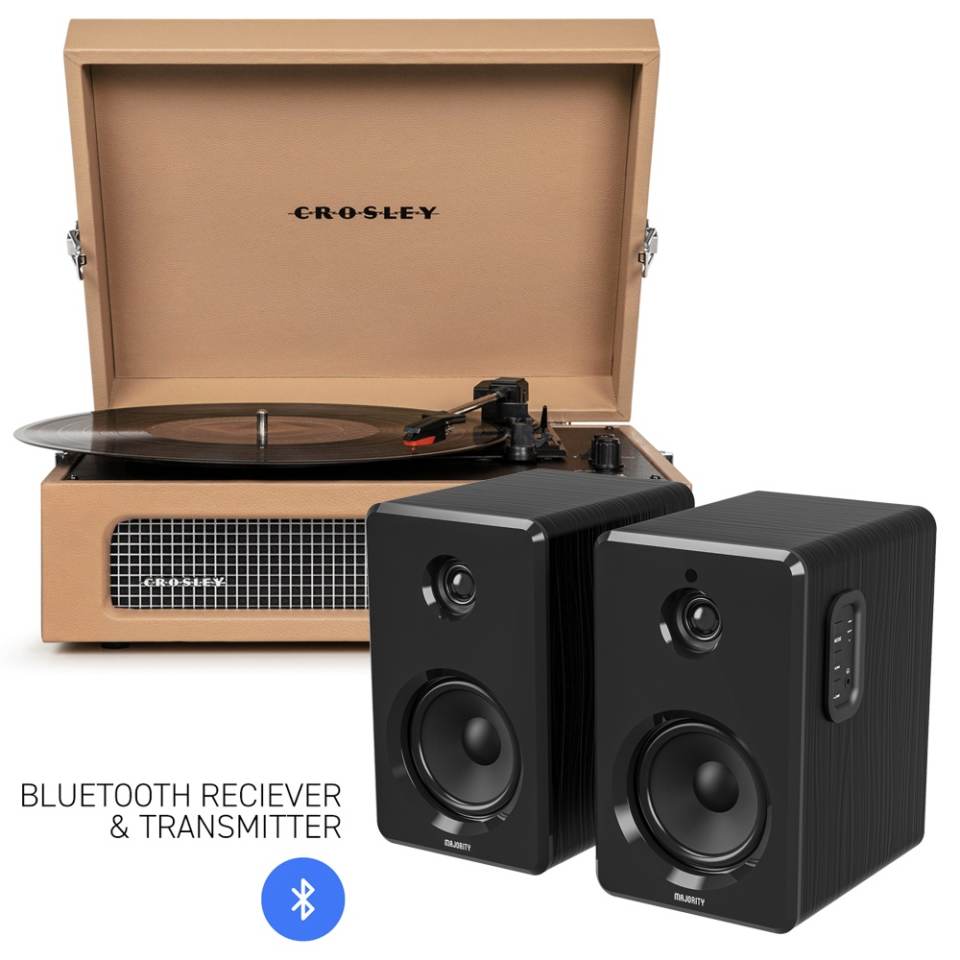 Crosley Voyager Bluetooth Portable Turntable - Tan + Bundled Majority D40 Bluetooth Speakers - Black CR8017BMY-TA4