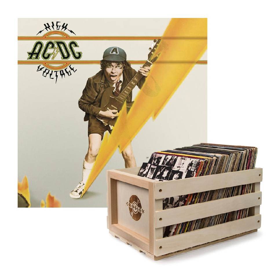 Crosley Record Storage Crate AC/DC High Voltage Vinyl Album Bundle