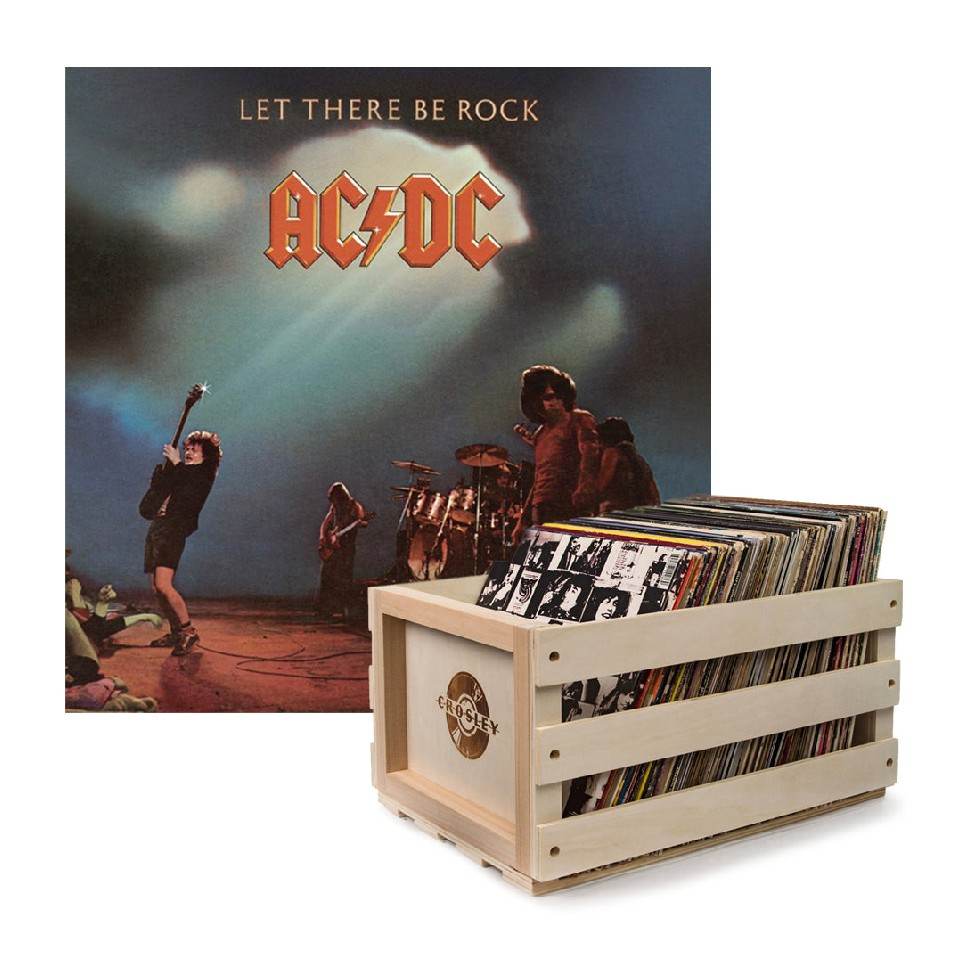 Crosley Record Storage Crate AC/DC Let there Be Rock Vinyl Album Bundle