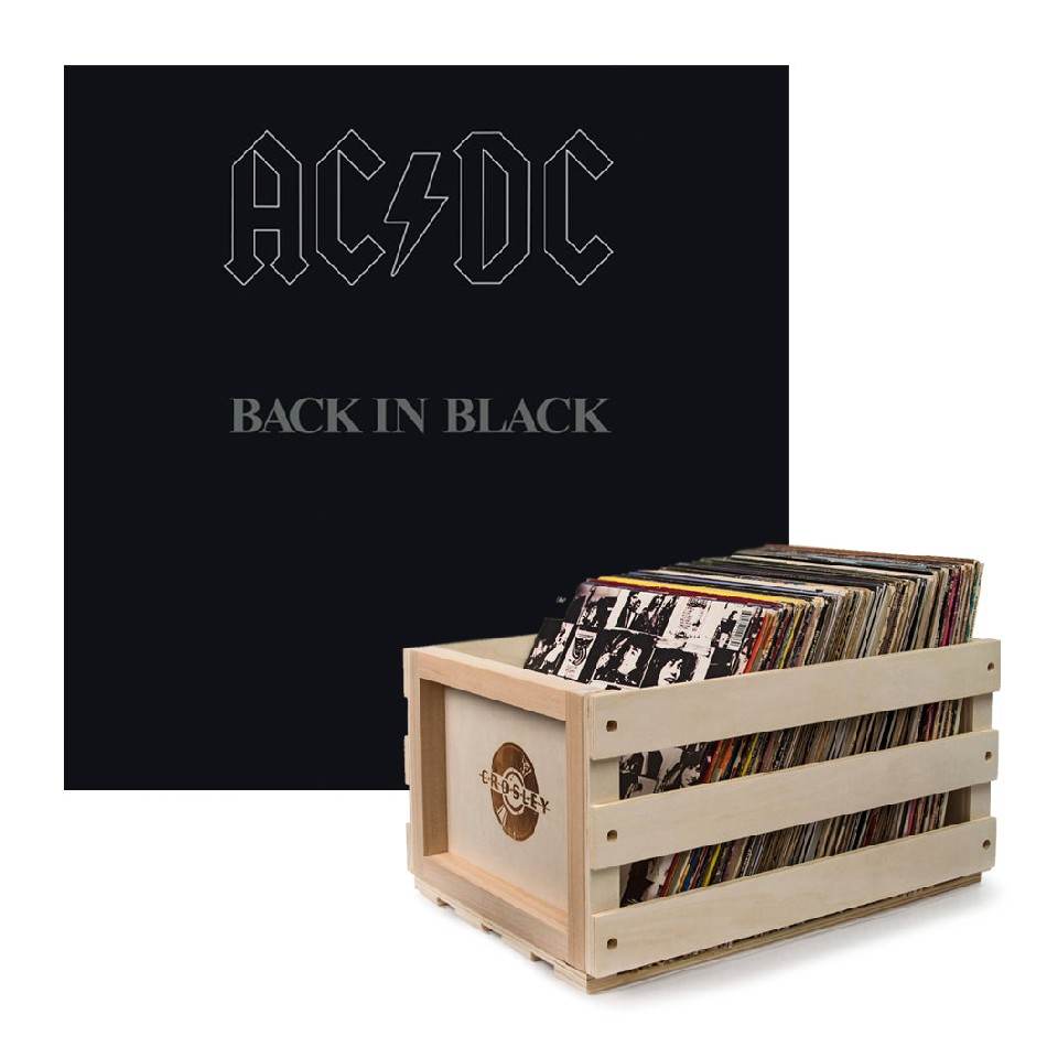 Crosley Record Storage Crate AC/DC Back In Black Vinyl Album Bundle