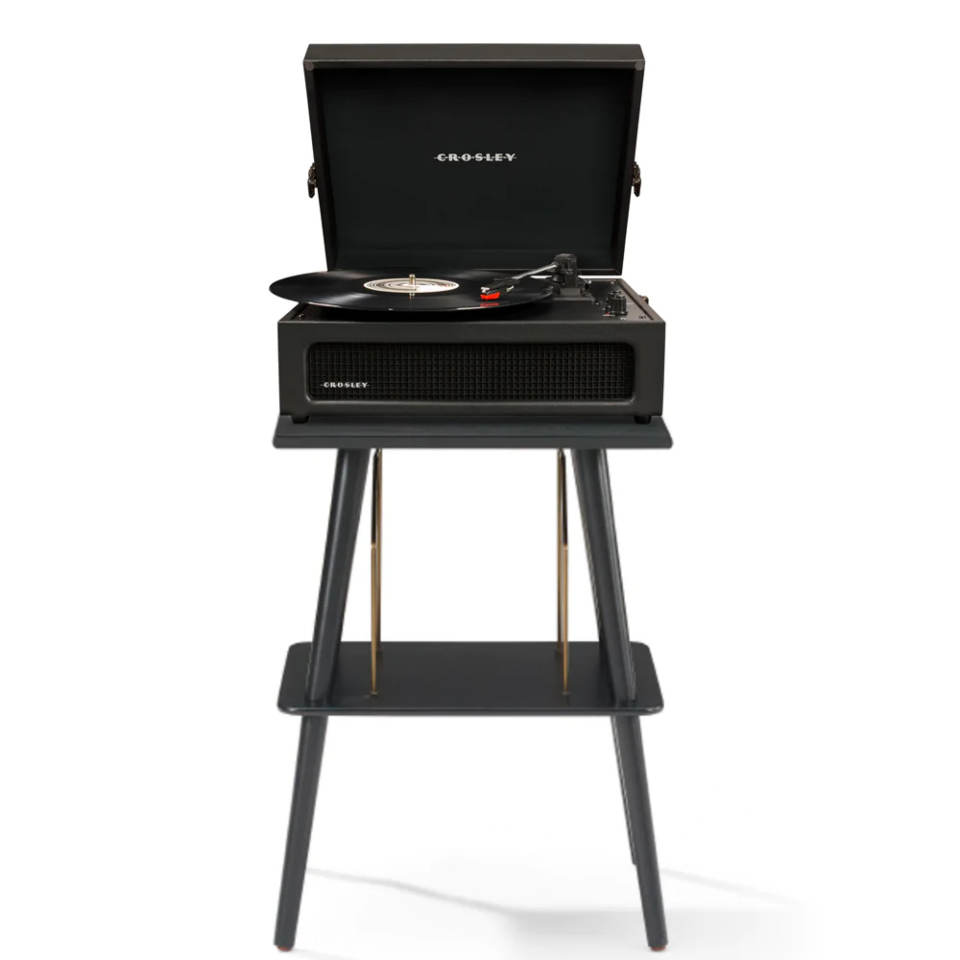 Crosley Voyager Bluetooth Portable Turntable + Entertainment Stand Bundle - Black CRIW8017BST-BK4