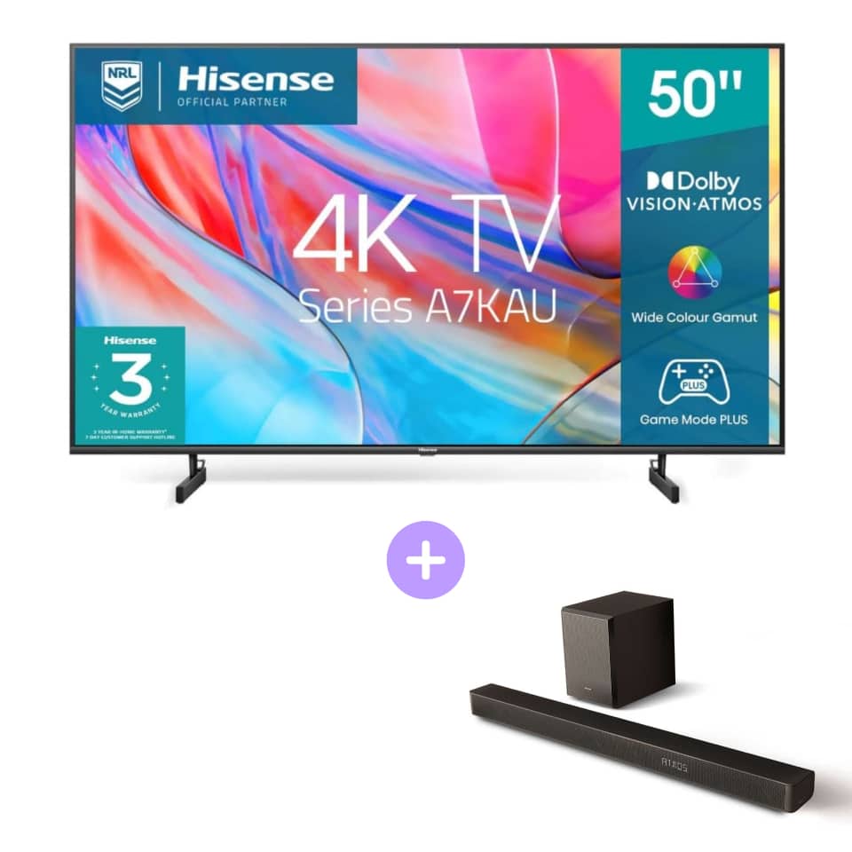 Hisense 50″ A7KAU 4K UHD LED Smart TV [2023] 50A7KAU + Hisense Dolby Atmos 3.1 Soundbar AX3100G